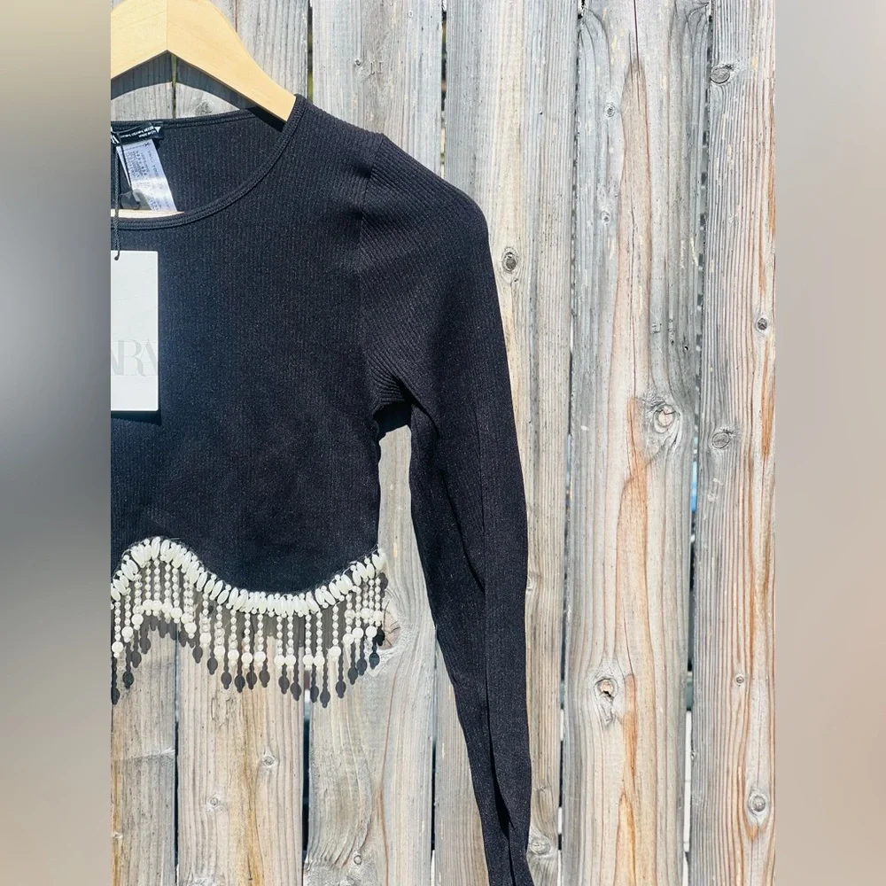 Zara Jewel Detail Crop Top in black with a rhinestone fringe appliqué NWT